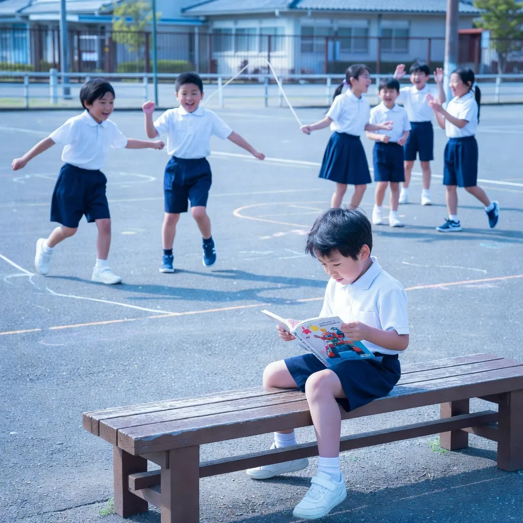一人で本を読んでいる少年