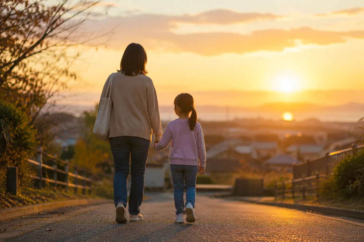 夕日の中の親子